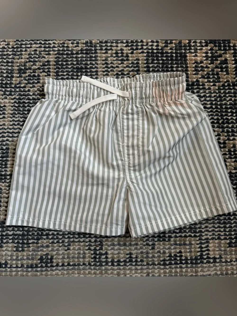 Little Boys H&M Striped Drawstring Swim Trunks in Sage Green and White 18M/2T